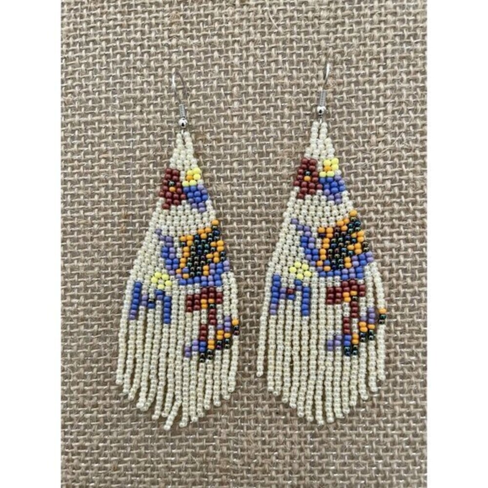 Handmade Miyuki Seed Bead Fringe Dangling Earrings Desert Ivory Floral NWT